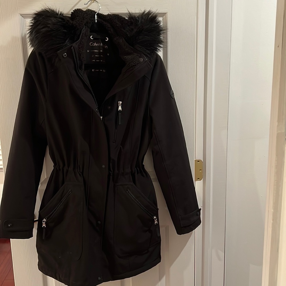 Black Calvin Klein Winter Coat with Fur Trimmed Hood Size Medium